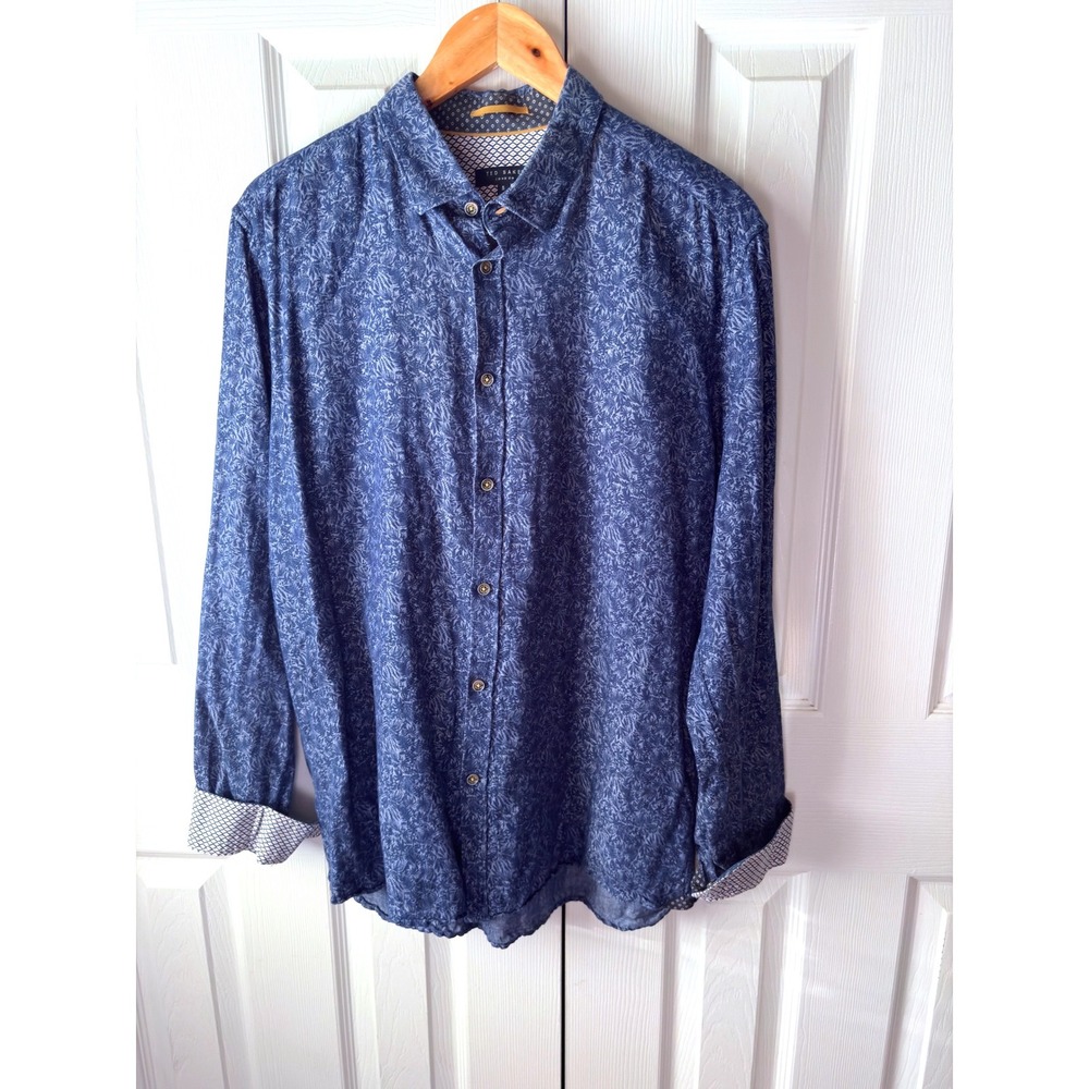 TED BAKER Blue Cotton Linen Botanical Print Roll-Tab Flip Cuff Button Shirt 5 XL